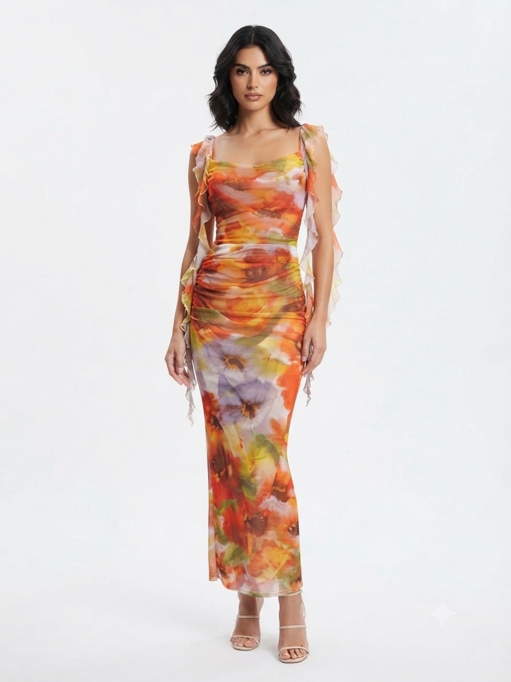 ASOS Orange Multi-Color Floral Ruffle Maxi Dress